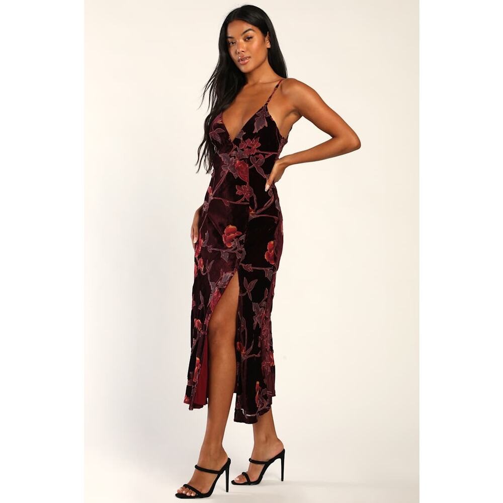 NWT Lulus Divine Allure Burgundy Floral Burnout Velvet Midi Dress Gala Size XS - Picture 3 of 8